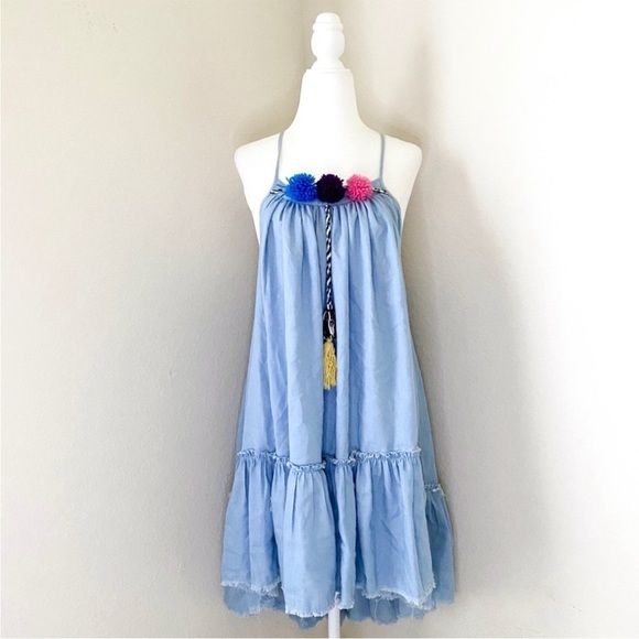 misa - dali dress sleeveless pom pom chambray loose oversized vacation fun M - Picture 2 of 15